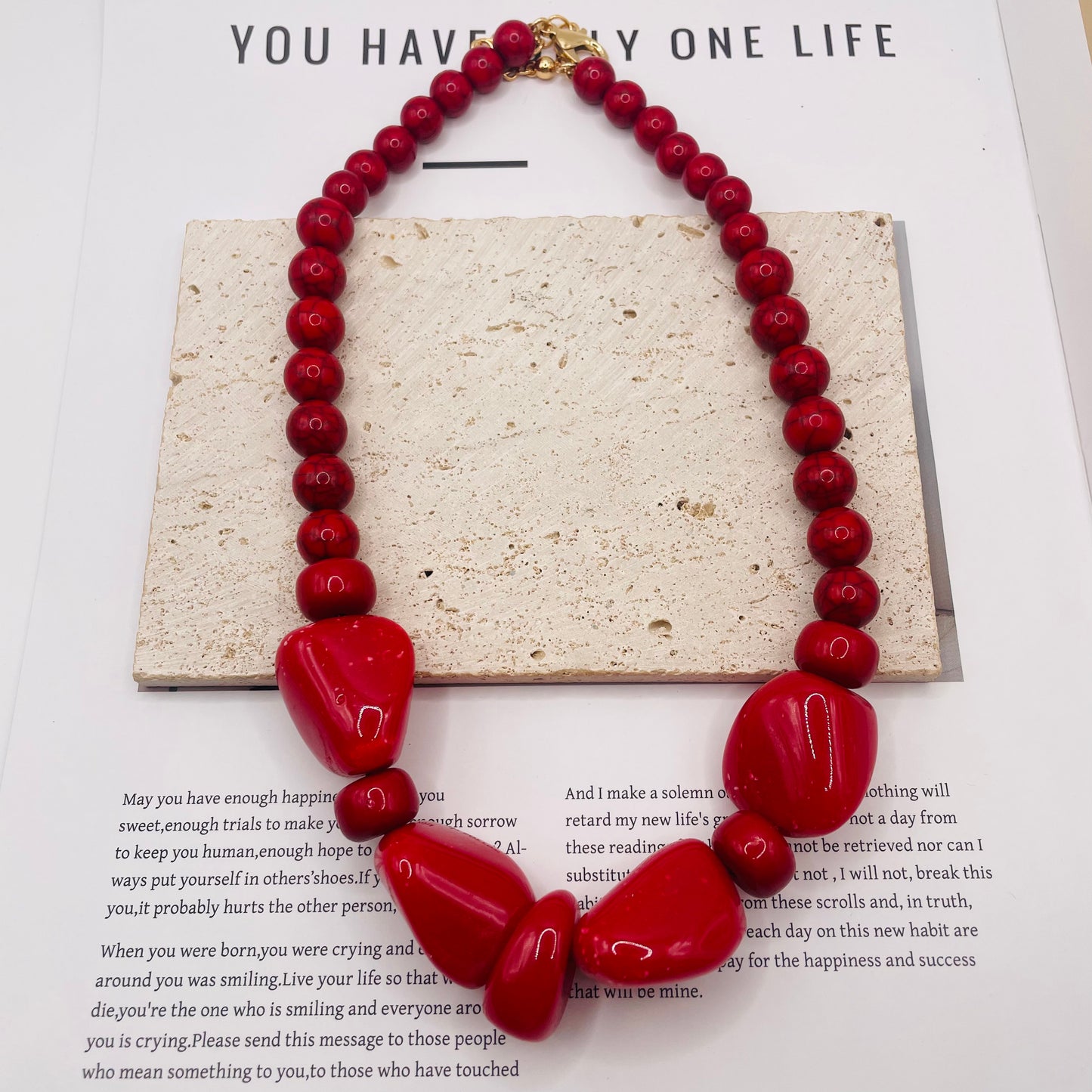 JI JOYA VENTA AL POR MAYOR,Combinación de collar y pulsera irregulares con cuentas rojas y marrones