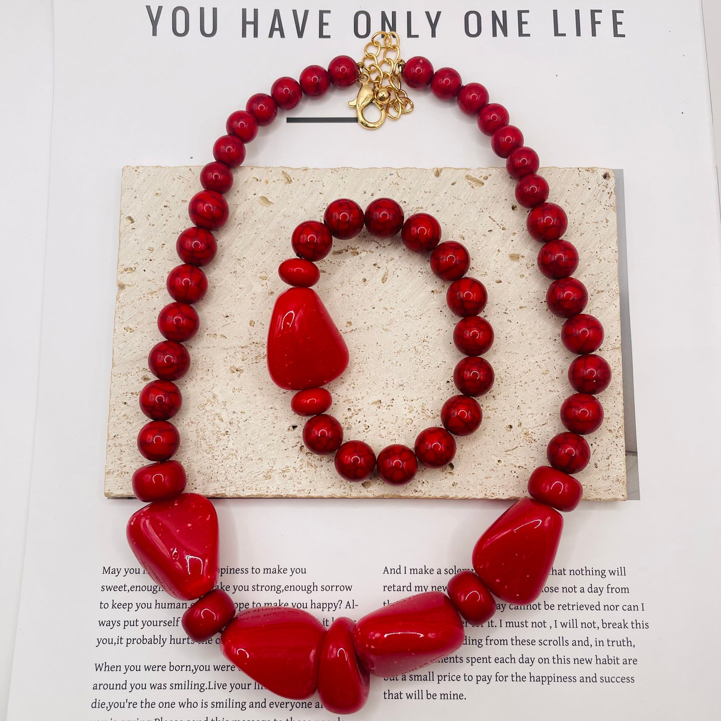 JI JOYA VENTA AL POR MAYOR,Combinación de collar y pulsera irregulares con cuentas rojas y marrones