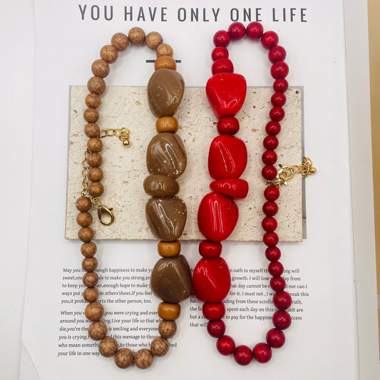 JI JOYA VENTA AL POR MAYOR,Combinación de collar y pulsera irregulares con cuentas rojas y marrones