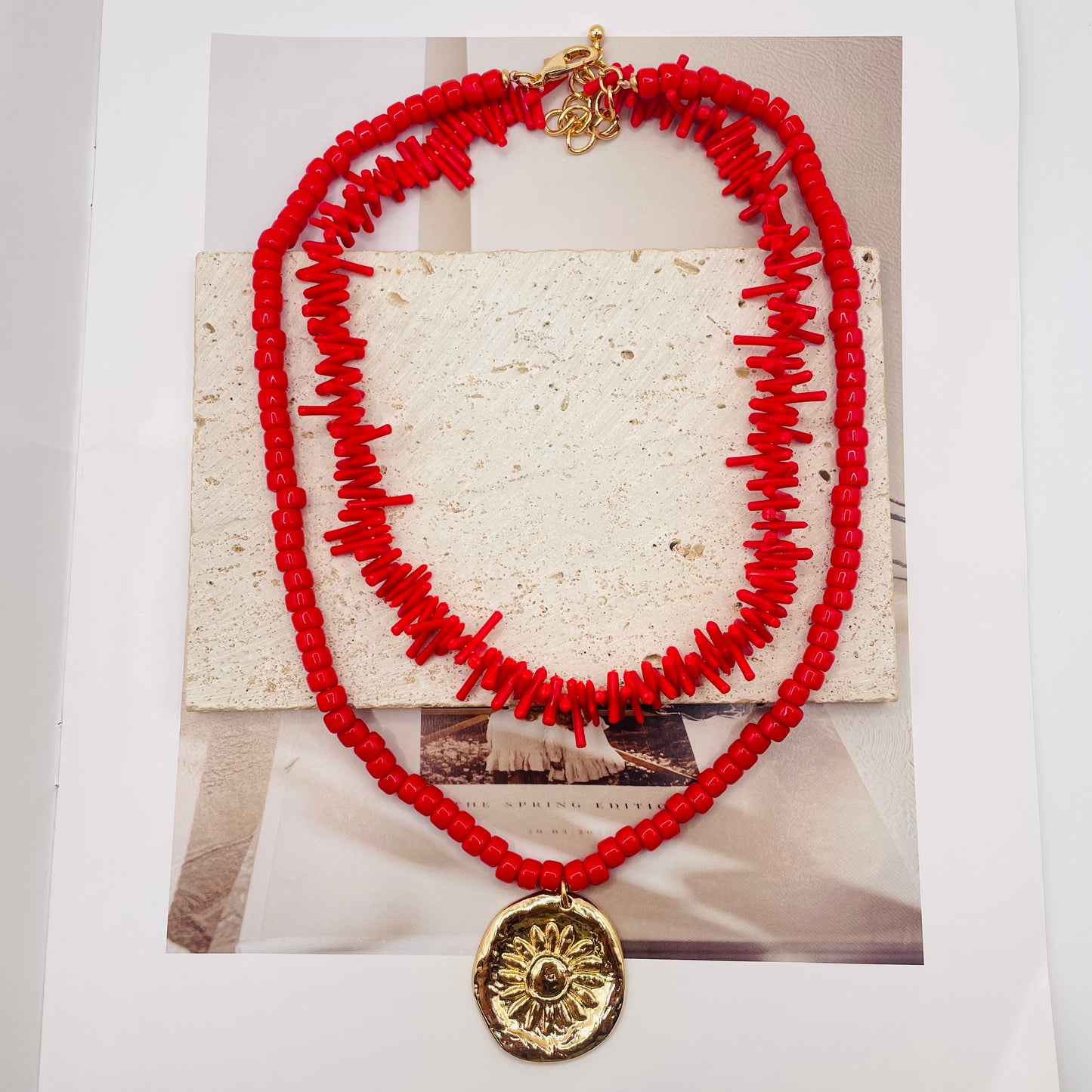 JI JOYA VENTA AL POR MAYOR,Collar con colgante de flores y cuentas de coral de imitación