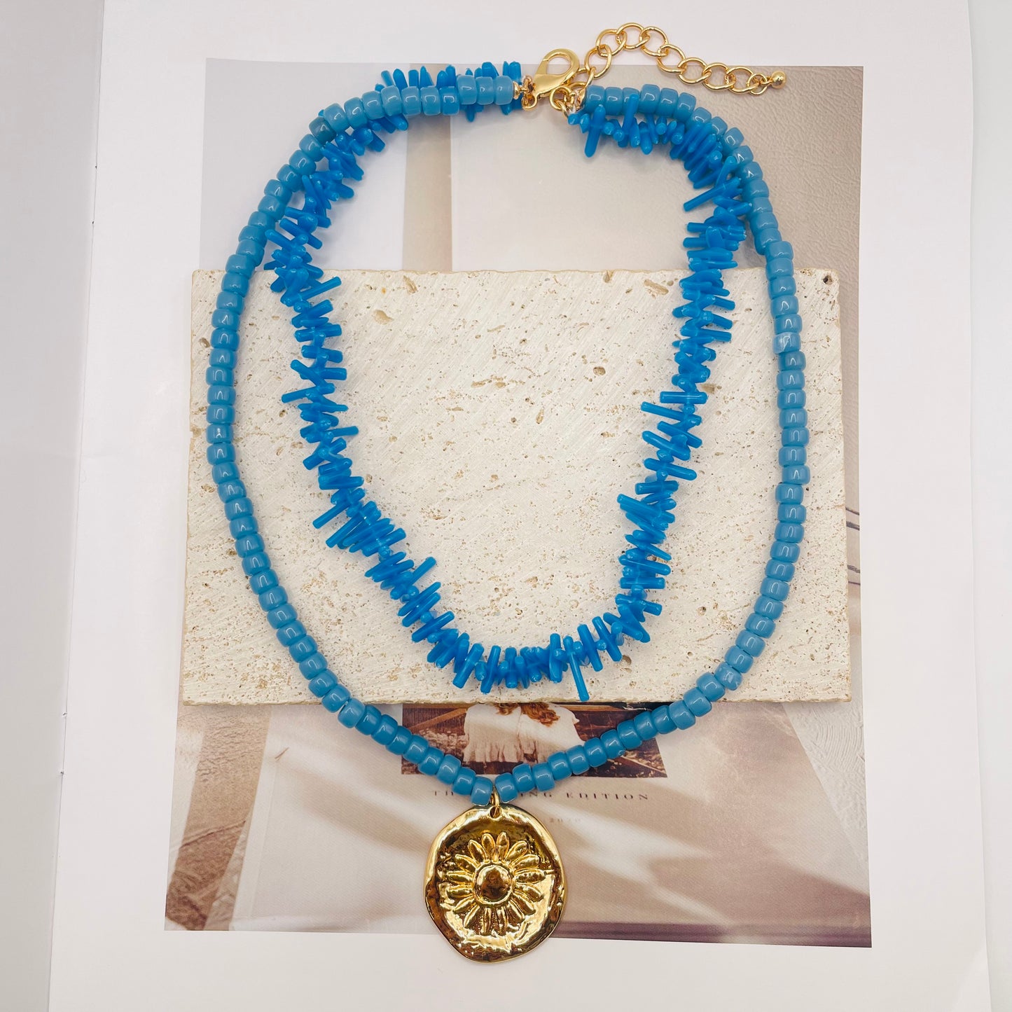 JI JOYA VENTA AL POR MAYOR,Collar con colgante de flores y cuentas de coral de imitación