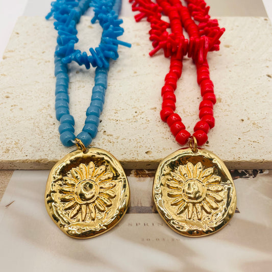 JI JOYA VENTA AL POR MAYOR,Collar con colgante de flores y cuentas de coral de imitación
