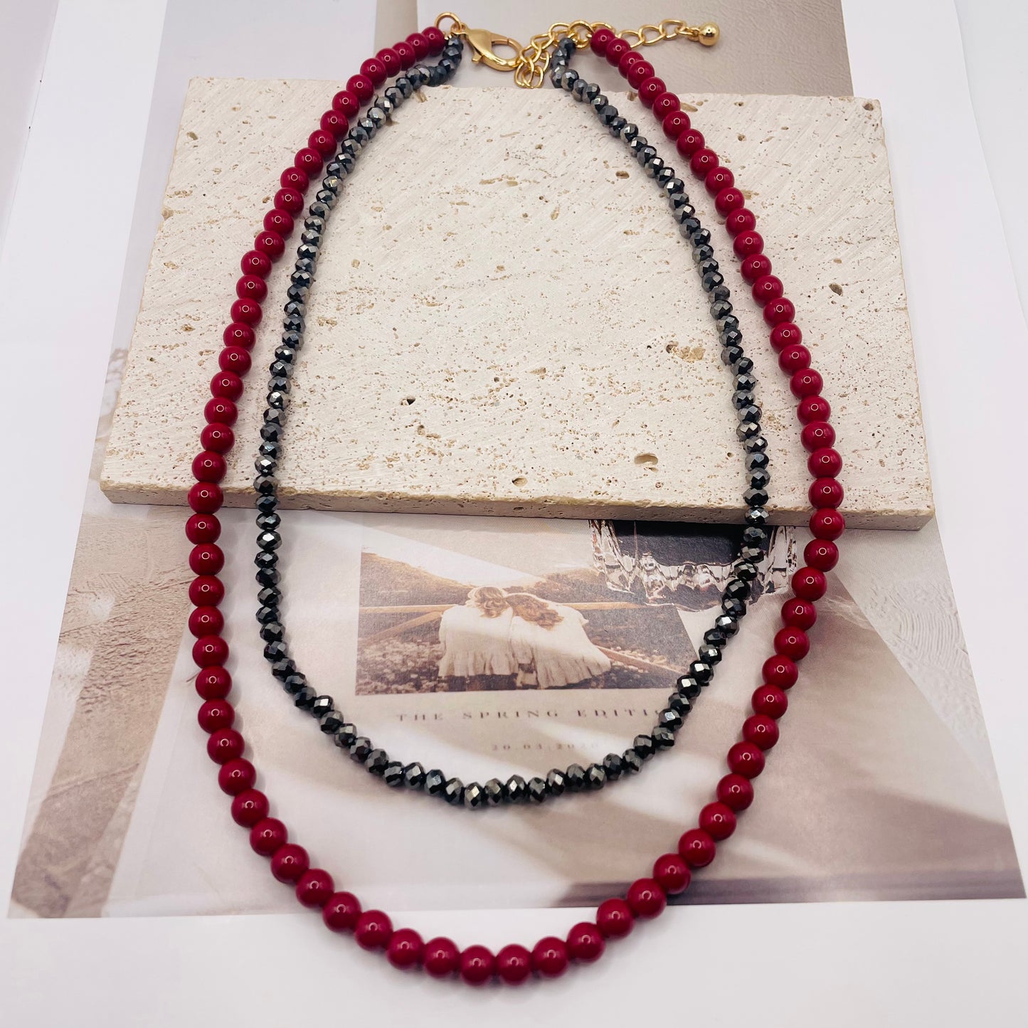 JI JOYA VENTA AL POR MAYOR,Collar de cuentas de dos capas en dos tonos
