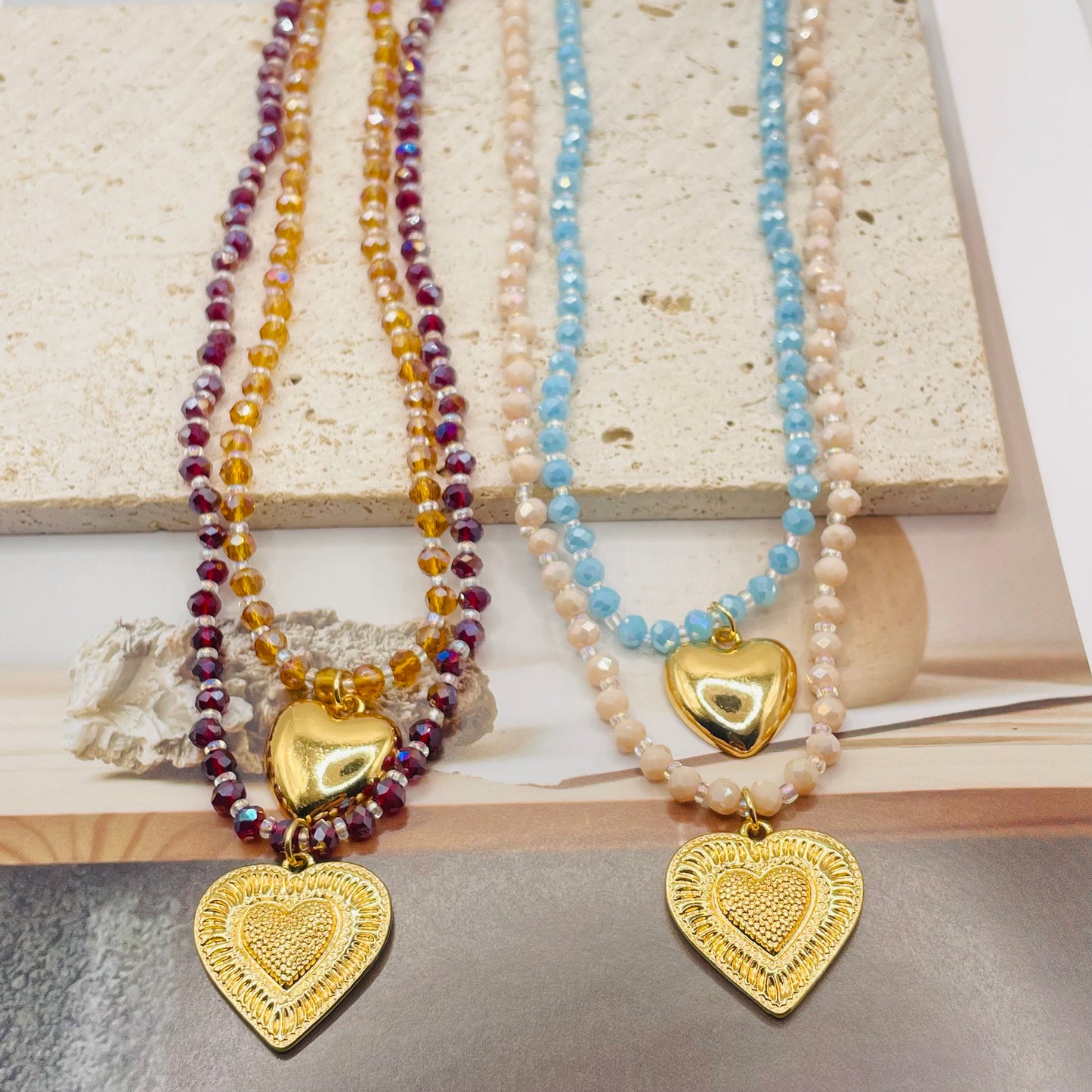 JI JOYA VENTA AL POR MAYOR,Precioso collar colgante de corazón bicolor de doble capa