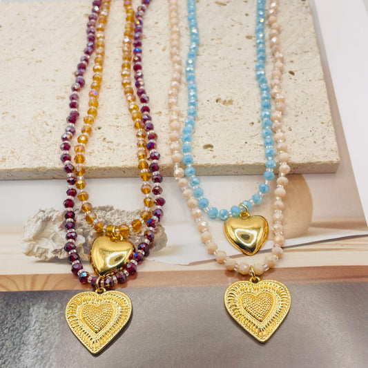 JI JOYA VENTA AL POR MAYOR,Precioso collar colgante de corazón bicolor de doble capa