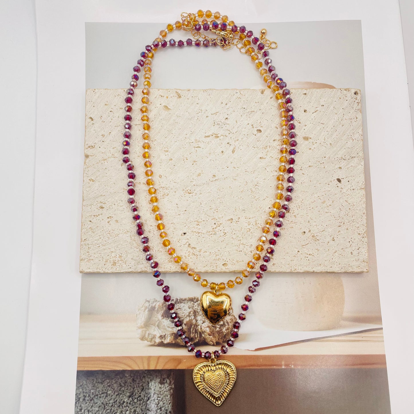 JI JOYA VENTA AL POR MAYOR,Precioso collar colgante de corazón bicolor de doble capa