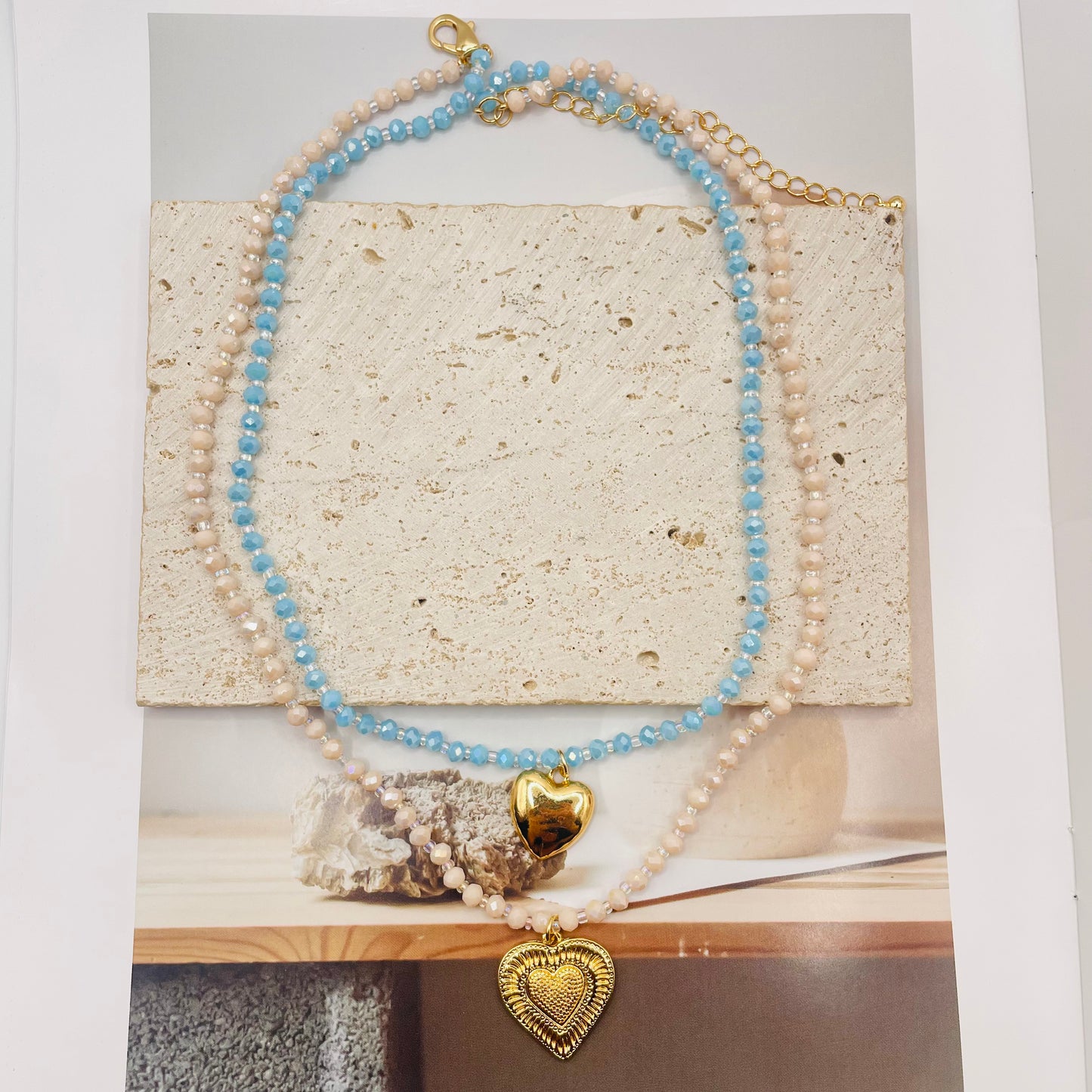 JI JOYA VENTA AL POR MAYOR,Precioso collar colgante de corazón bicolor de doble capa