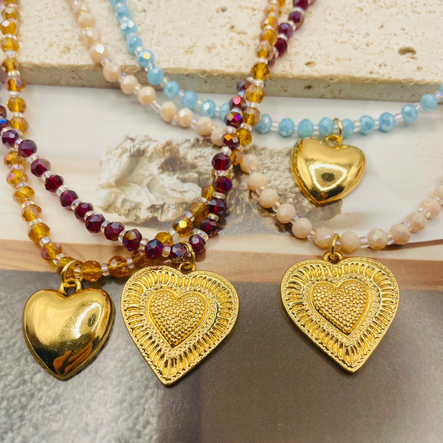 JI JOYA VENTA AL POR MAYOR,Precioso collar colgante de corazón bicolor de doble capa