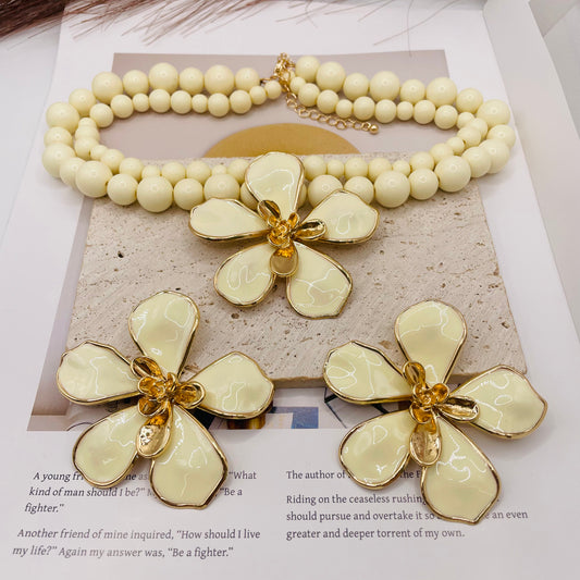 JI JOYA VENTA AL POR MAYOR,Combinación de colgante de flor grande, collar de cuentas dobles y pendientes de flores grandes