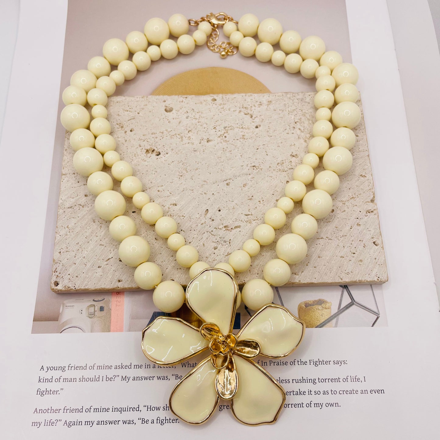 JI JOYA VENTA AL POR MAYOR,Combinación de colgante de flor grande, collar de cuentas dobles y pendientes de flores grandes