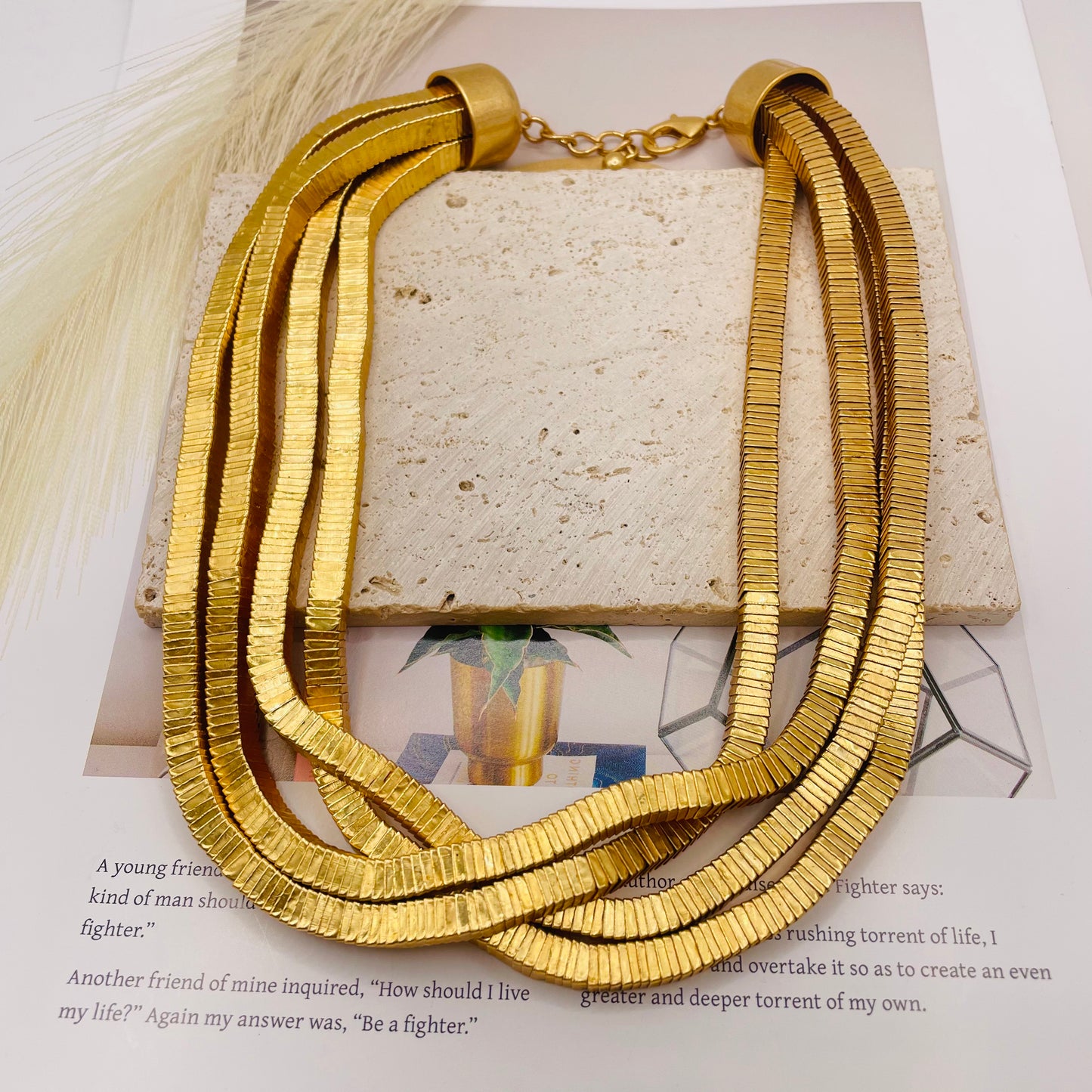 JI JOYA VENTA AL POR MAYOR,Collar y pulsera de moda de cuatro capas con triángulos y cuadrados.
