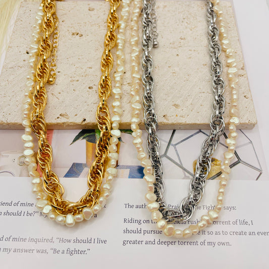JI JOYA VENTA AL POR MAYOR,Combinación de collar de perlas irregulares y collar de cadena, ¡desmontable!