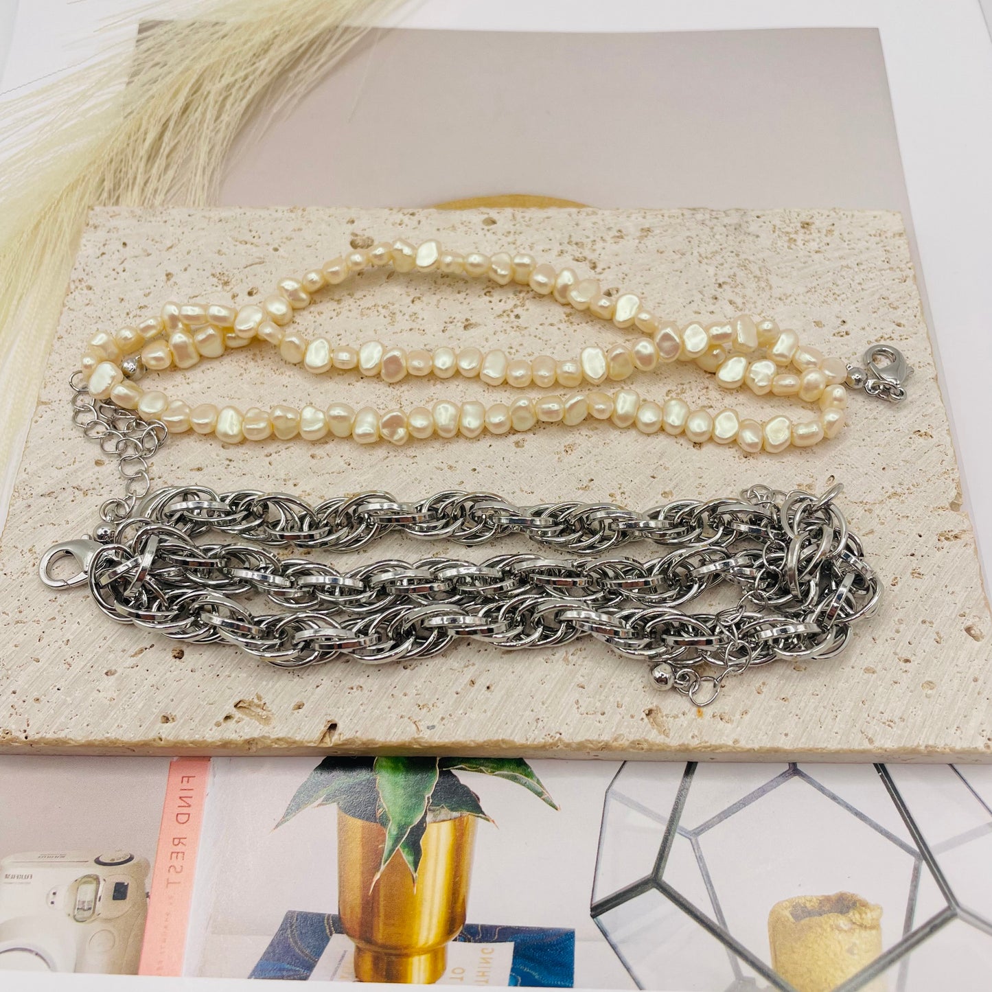 JI JOYA VENTA AL POR MAYOR,Combinación de collar de perlas irregulares y collar de cadena, ¡desmontable!