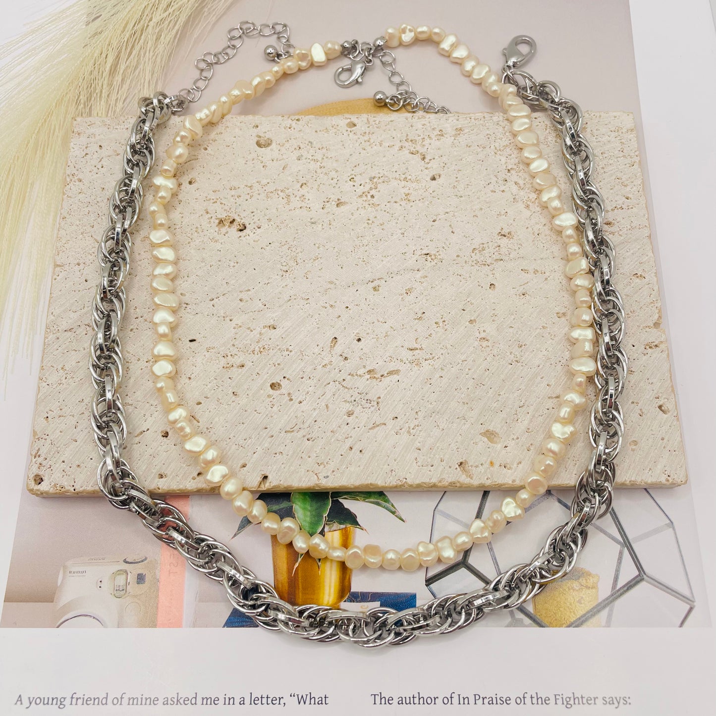 JI JOYA VENTA AL POR MAYOR,Combinación de collar de perlas irregulares y collar de cadena, ¡desmontable!