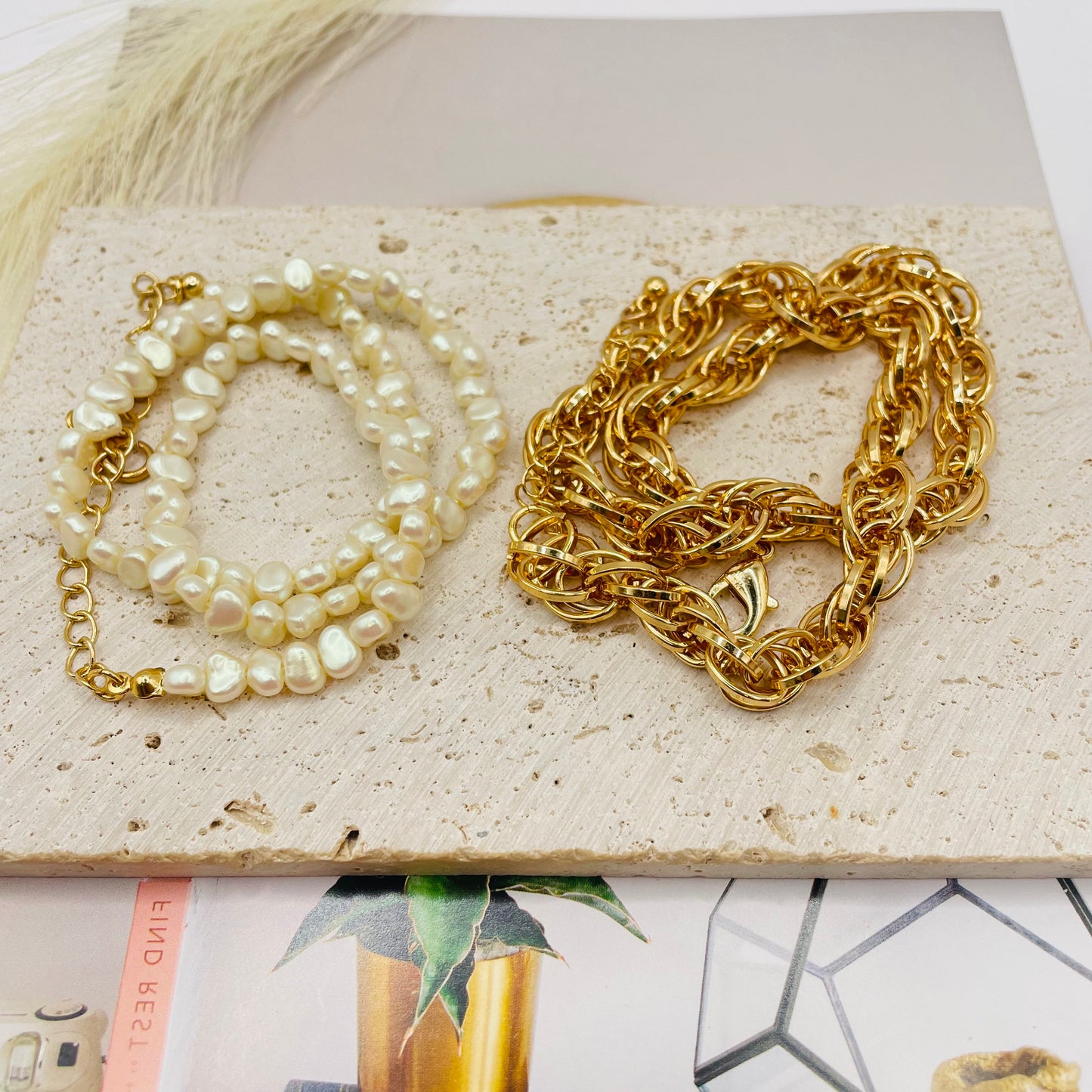 JI JOYA VENTA AL POR MAYOR,Combinación de collar de perlas irregulares y collar de cadena, ¡desmontable!