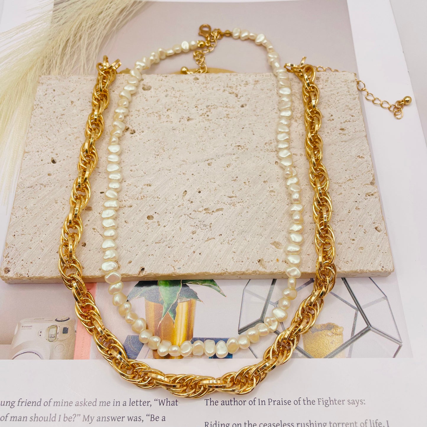 JI JOYA VENTA AL POR MAYOR,Combinación de collar de perlas irregulares y collar de cadena, ¡desmontable!