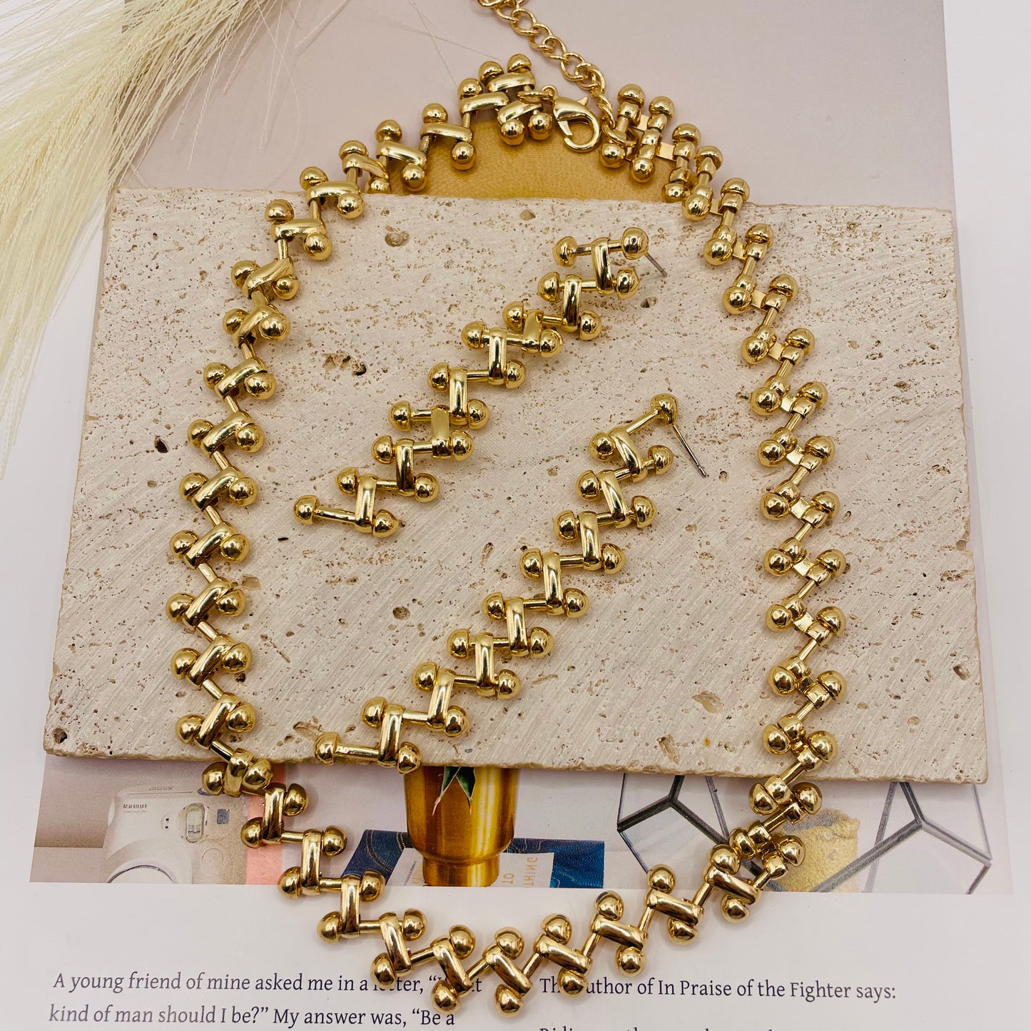 JI JOYA VENTA AL POR MAYOR,Conjunto de collar y pendientes de cadena trenzada