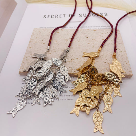 JI JOYA VENTA AL POR MAYOR,Collar de suéter de cuerda con forma de banco de peces, tamaño ajustable