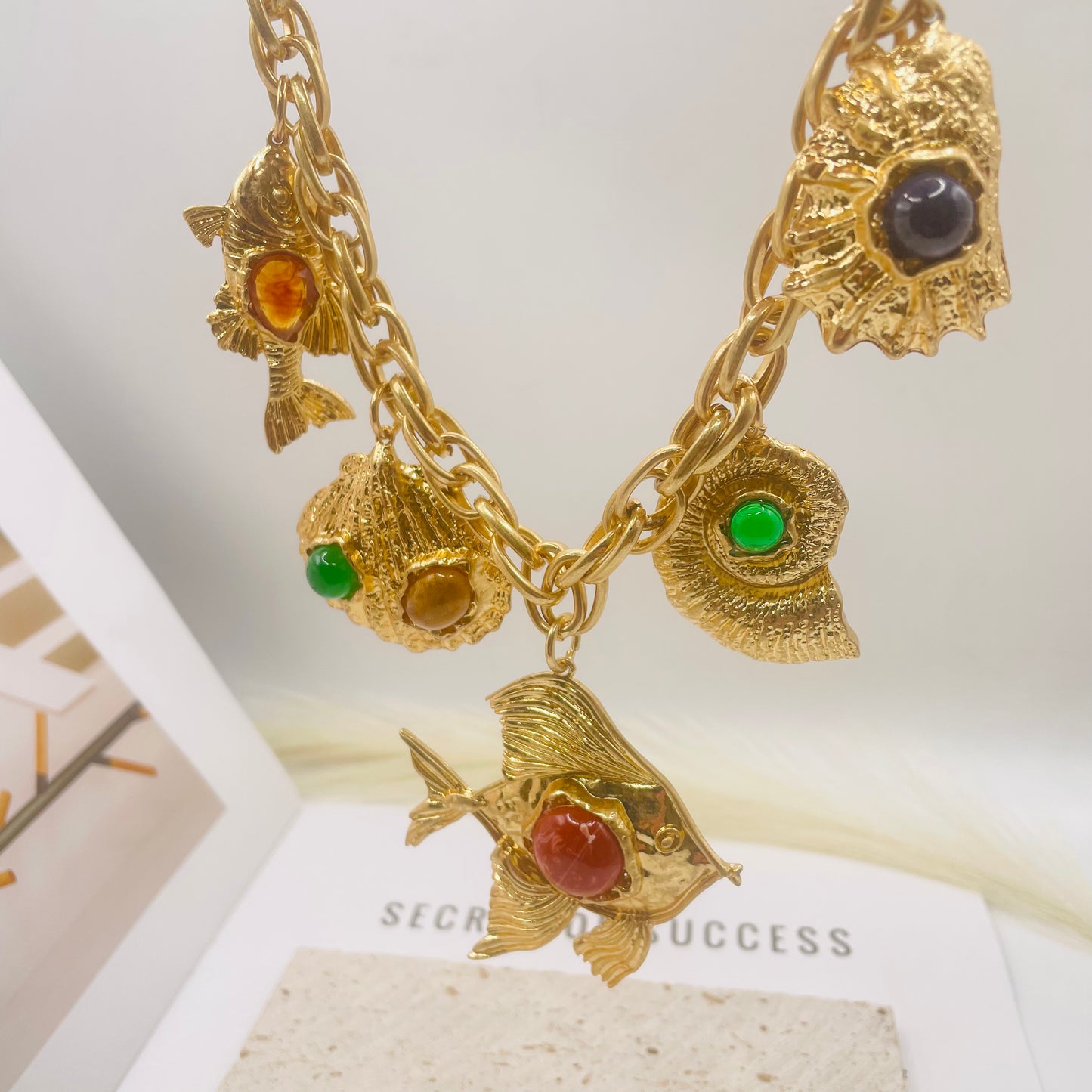 JI JOYA VENTA AL POR MAYOR,Collar y pendientes vintage con colgante de pez y concha
