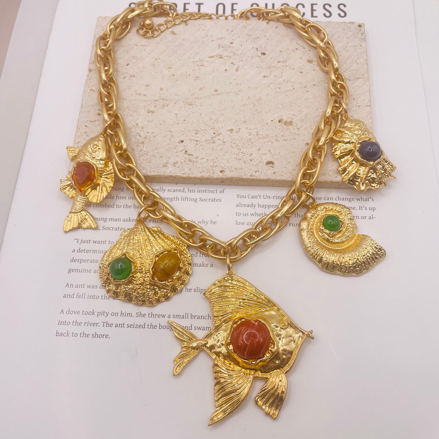 JI JOYA VENTA AL POR MAYOR,Collar y pendientes vintage con colgante de pez y concha