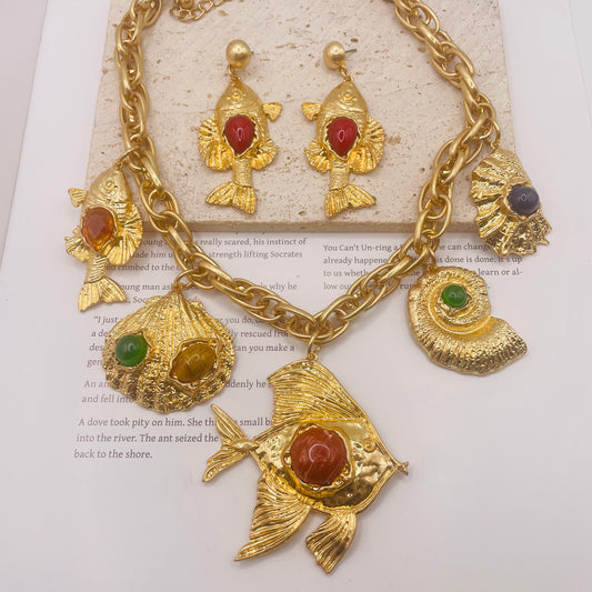 JI JOYA VENTA AL POR MAYOR,Collar y pendientes vintage con colgante de pez y concha