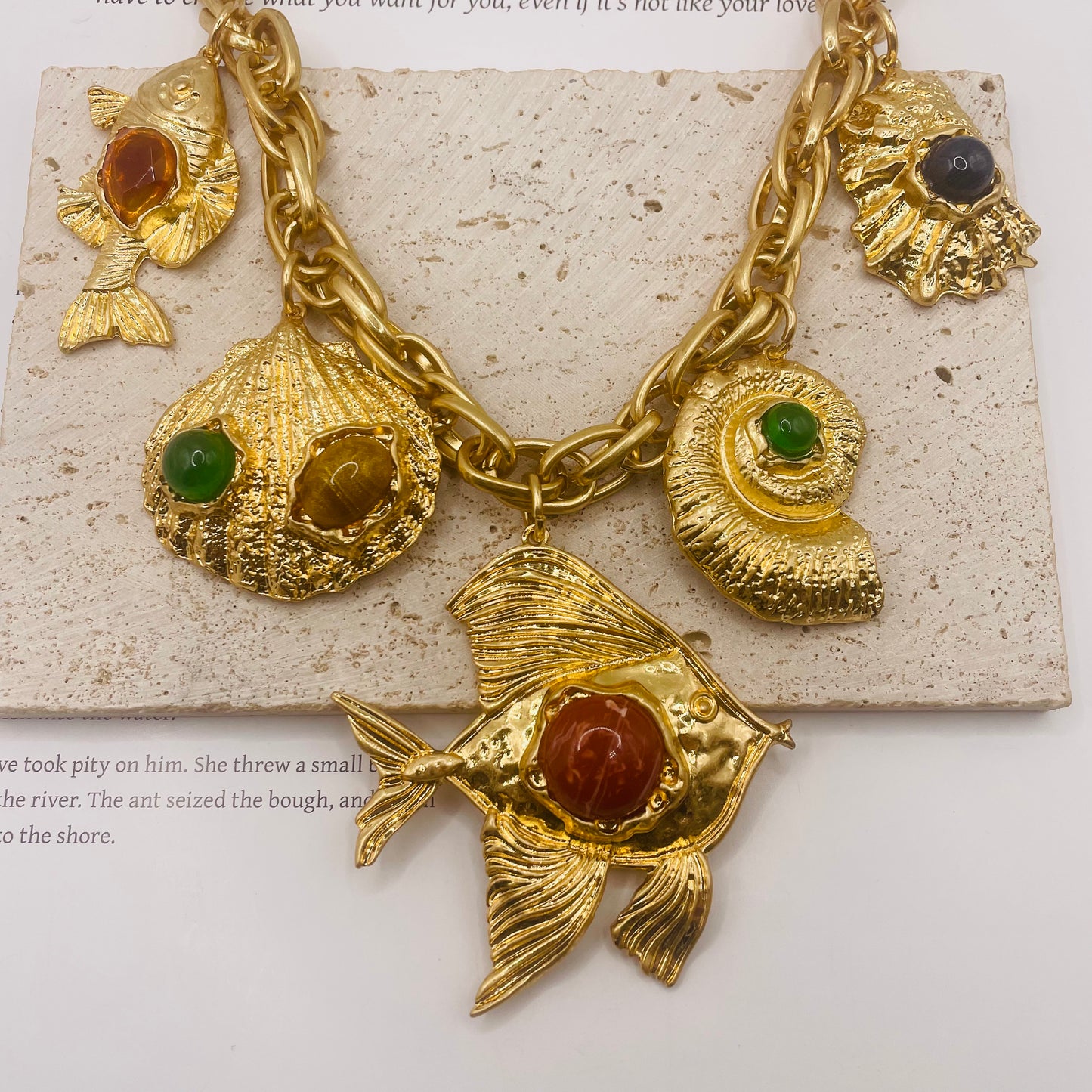 JI JOYA VENTA AL POR MAYOR,Collar y pendientes vintage con colgante de pez y concha