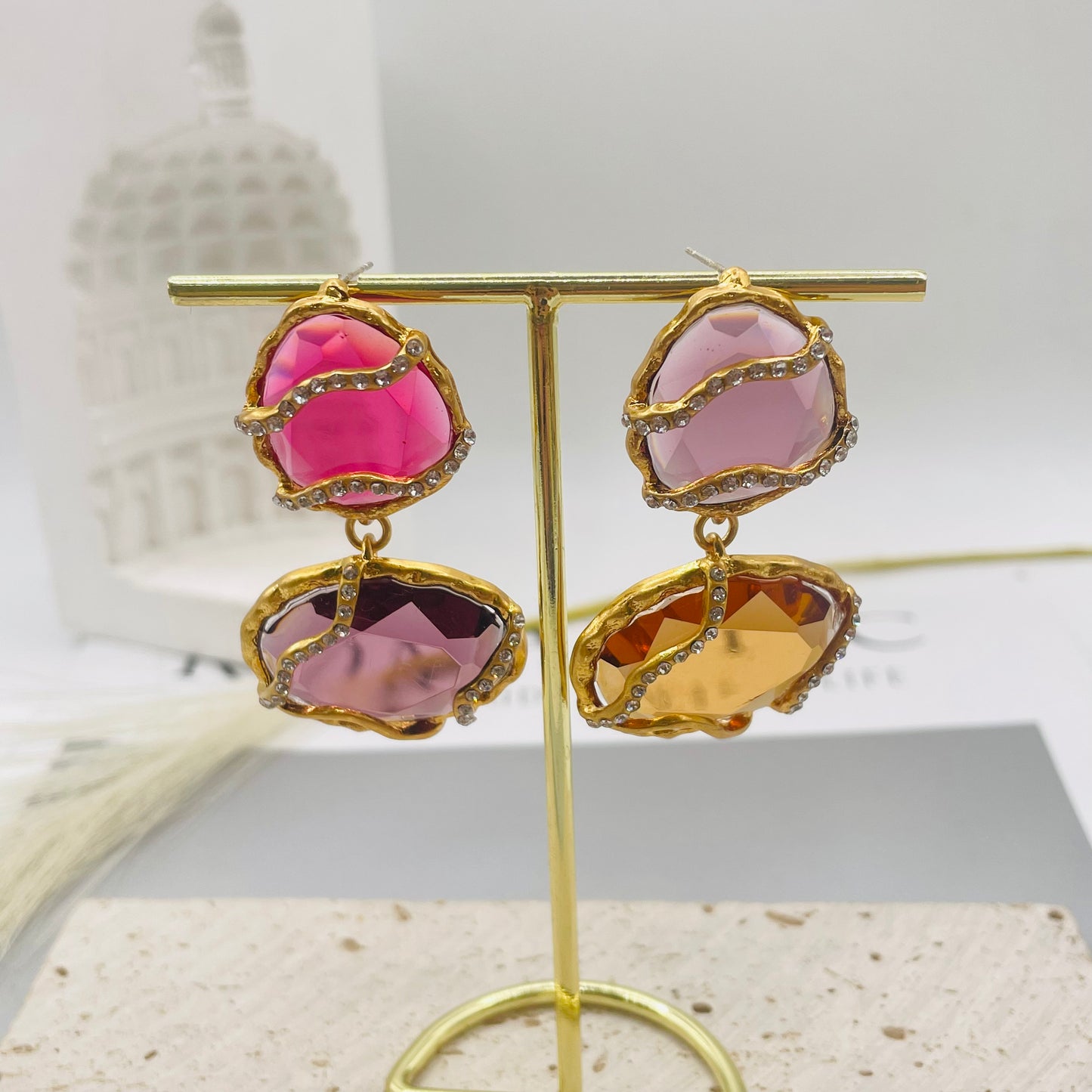 JI JOYA VENTA AL POR MAYOR,Collar y pendientes de diamantes multicolores, los pendientes están disponibles en 2 tamaños.