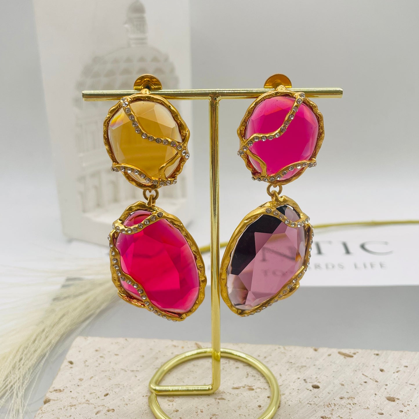 JI JOYA VENTA AL POR MAYOR,Collar y pendientes de diamantes multicolores, los pendientes están disponibles en 2 tamaños.