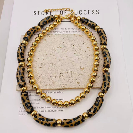 JI JOYA VENTA AL POR MAYOR,Collar de moda de doble capa con nudo de bambú y bola de metal con estampado de leopardo