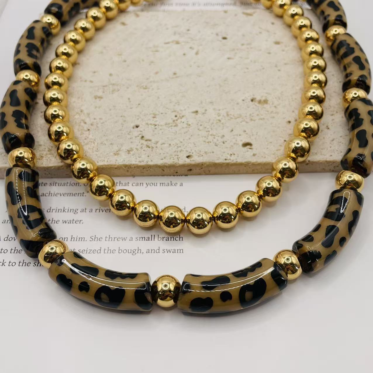 JI JOYA VENTA AL POR MAYOR,Collar de moda de doble capa con nudo de bambú y bola de metal con estampado de leopardo
