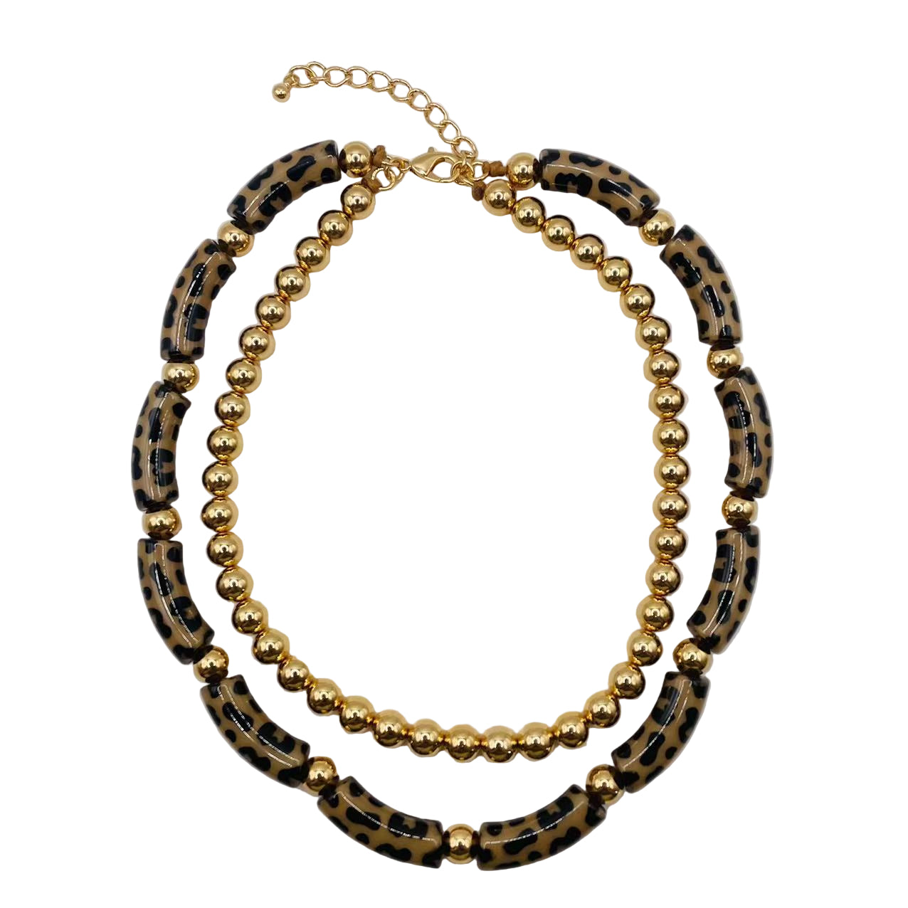 JI JOYA VENTA AL POR MAYOR,Collar de moda de doble capa con nudo de bambú y bola de metal con estampado de leopardo
