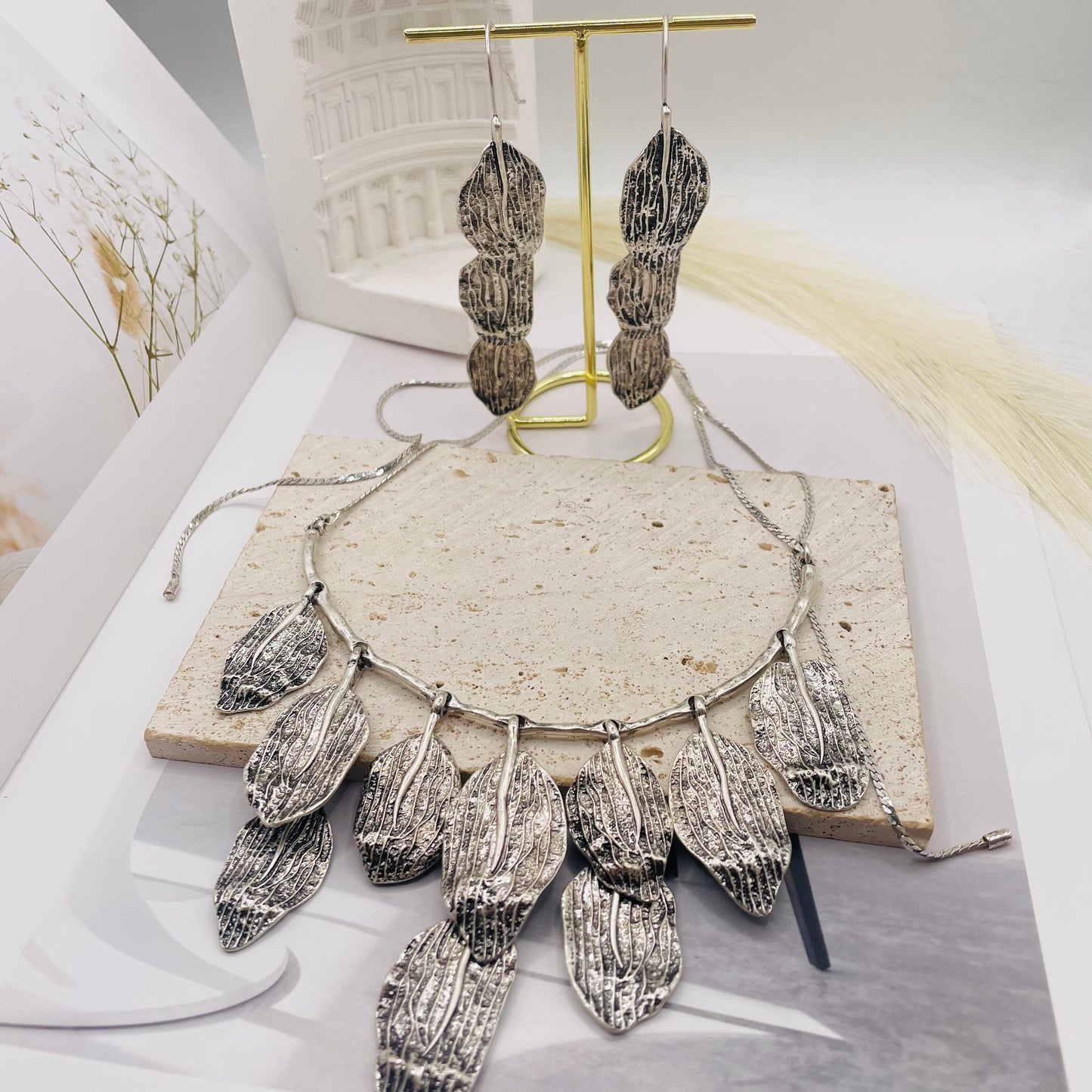 JI JOYA VENTA AL POR MAYOR,Collar y pendientes de estilo hoja de moda