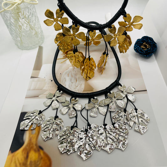 JI JOYA VENTA AL POR MAYOR,Collar de cuerda con combinación de flores y hojas.