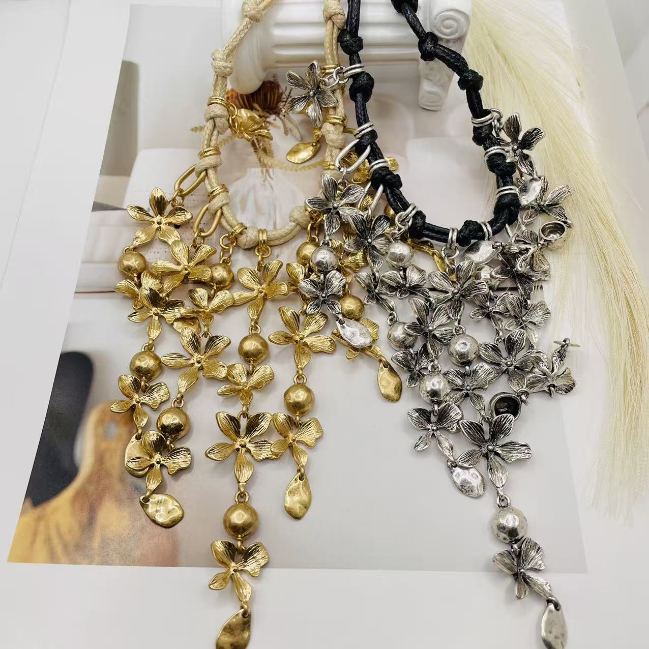JI JOYA VENTA AL POR MAYOR,Collar de cuerda con flores y borlas