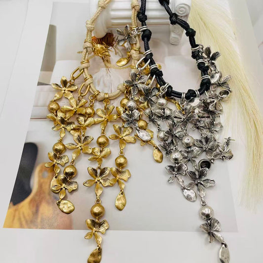 JI JOYA VENTA AL POR MAYOR,Collar de cuerda con flores y borlas