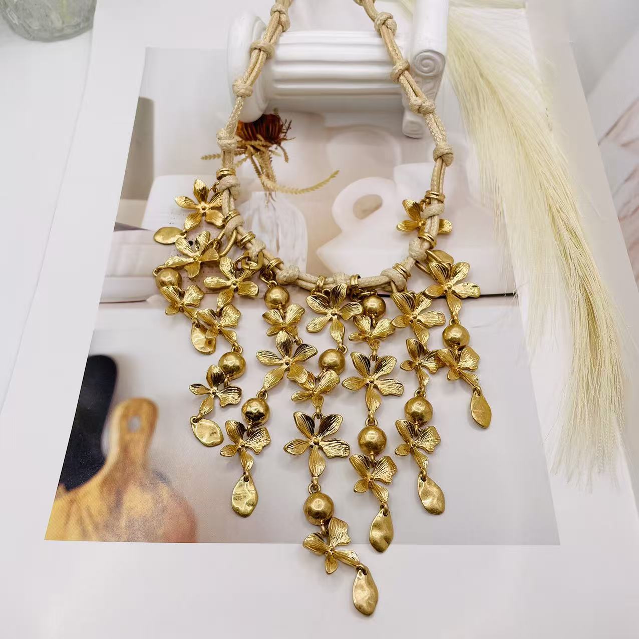 JI JOYA VENTA AL POR MAYOR,Collar de cuerda con flores y borlas
