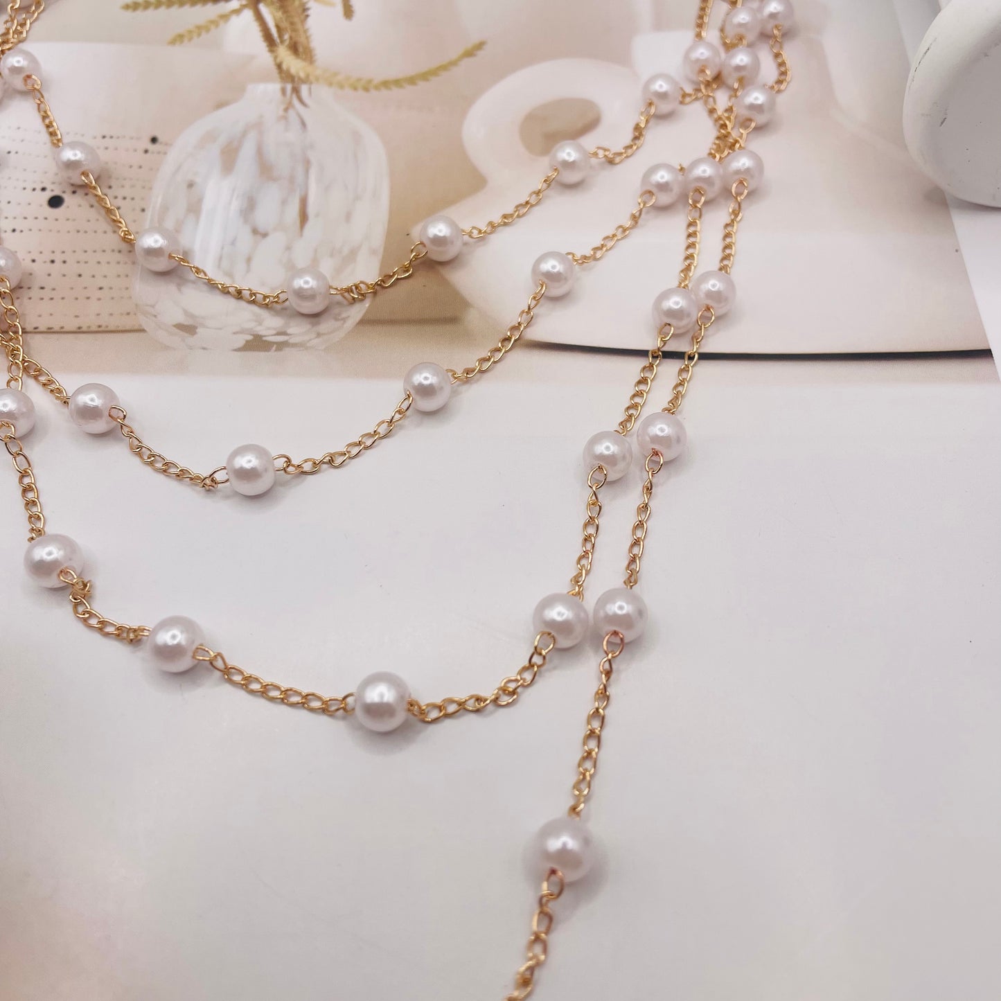 JI JOYA VENTA AL POR MAYOR,Collar sencillo de varias capas con pequeñas perlas