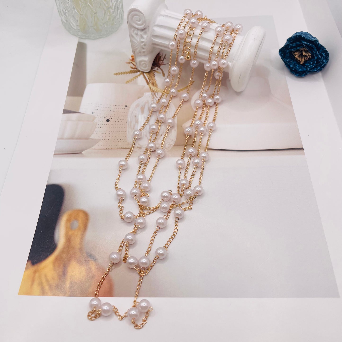 JI JOYA VENTA AL POR MAYOR,Collar sencillo de varias capas con pequeñas perlas