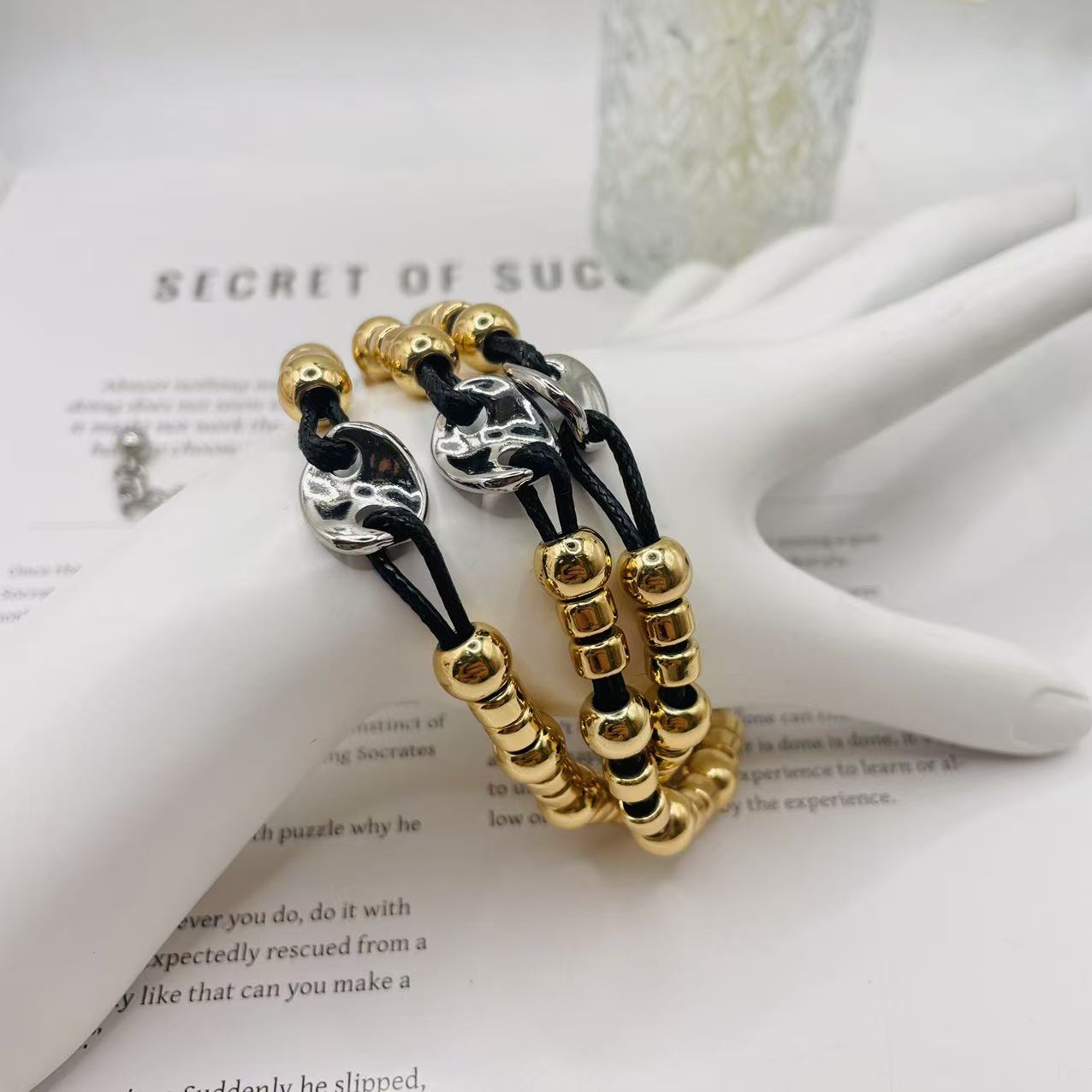 JI JOYA VENTA AL POR MAYOR,Pulsera de cuerda con bolas de oro de tres capas