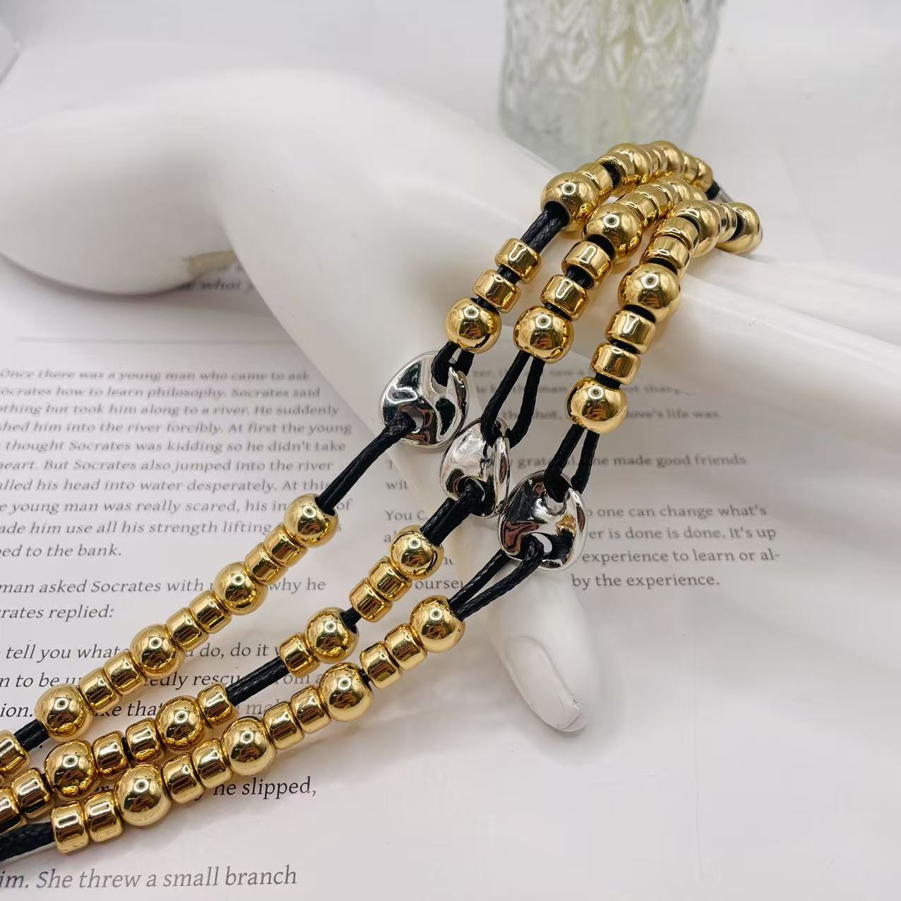 JI JOYA VENTA AL POR MAYOR,Pulsera de cuerda con bolas de oro de tres capas