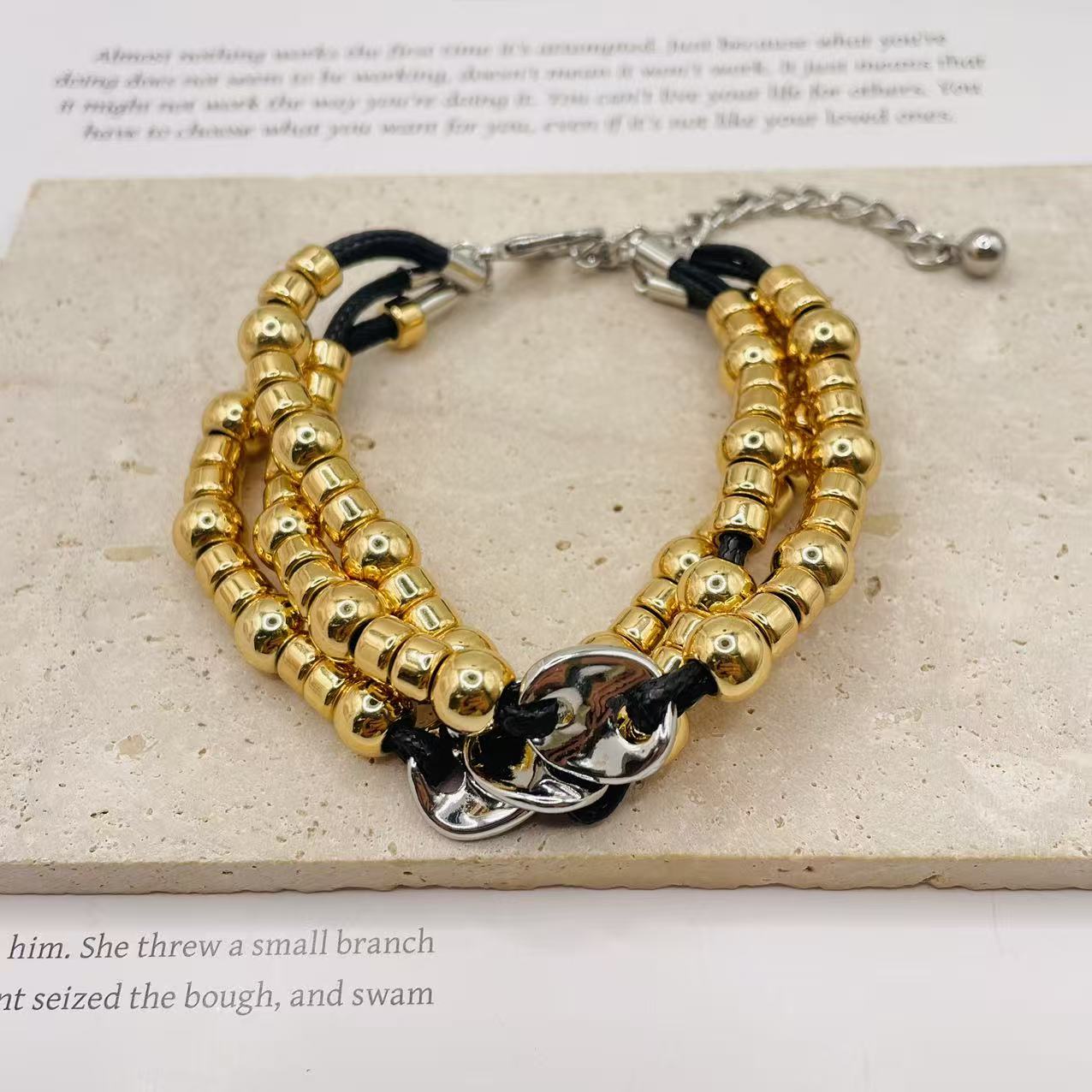 JI JOYA VENTA AL POR MAYOR,Pulsera de cuerda con bolas de oro de tres capas