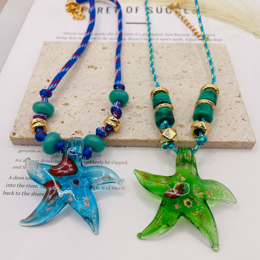 JI JOYA VENTA AL POR MAYOR,Lindo collar de cuerda con colgante de estrella de mar