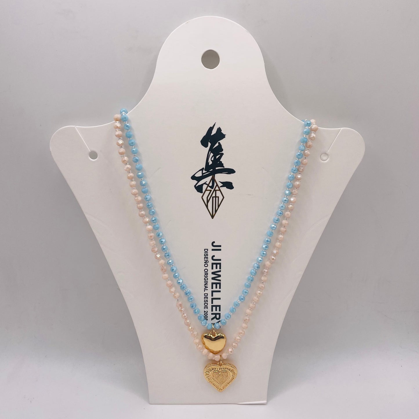 JI JOYA VENTA AL POR MAYOR,Precioso collar colgante de corazón bicolor de doble capa