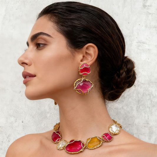 JI JOYA VENTA AL POR MAYOR,Collar y pendientes de diamantes multicolores, los pendientes están disponibles en 2 tamaños.